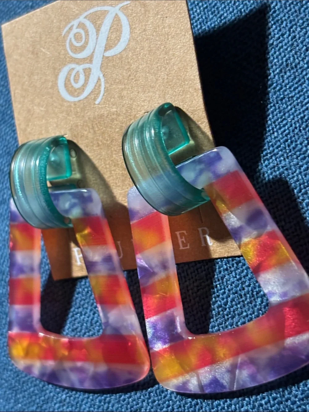 Plunder Multicolor Striped Resin Triangle Drop Earrings with Teal Tops